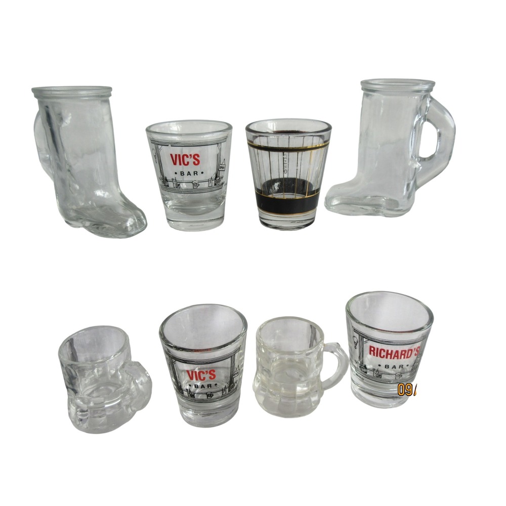 Vintage Shot Glass Set of 8 Novelty Boot Mini Mug Vics Bar Richards Bar Barware